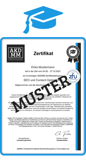 muster zertifikat seo und content optimierung lehrgang akdmm